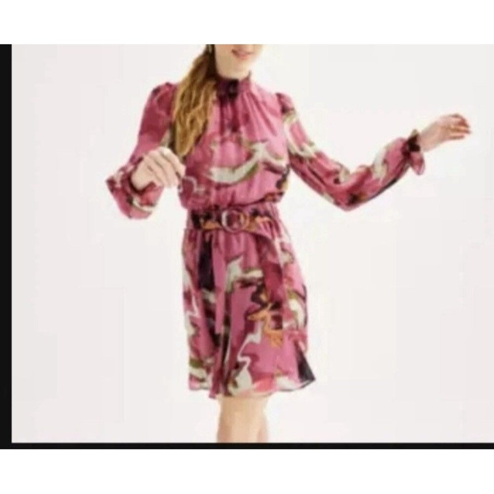 Nine West Women's Long Sleeve Belted Chiffon Mini Dress Large Mock Neck